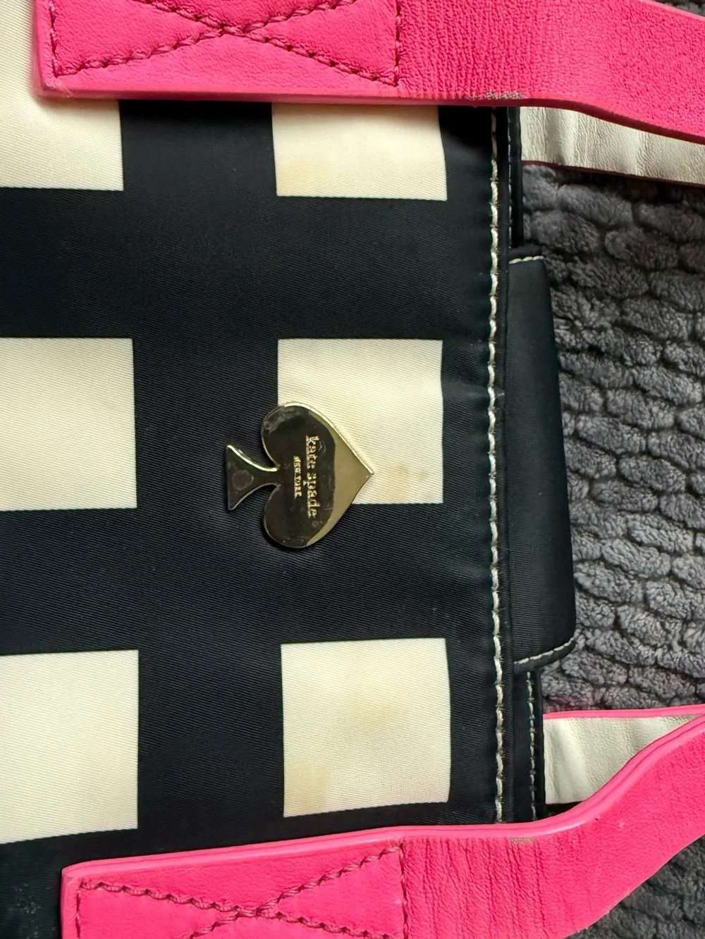 kate spade Black & White Check Tote with Pink Handles
